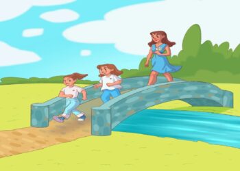 Teste visual com mãe e duas filhas atravessando uma ponte de pedra em um parque, céu azul ao fundo