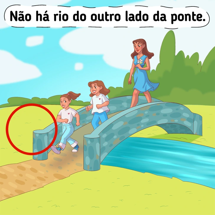 Família se divertindo em parque ao ar livre Teste visual com mãe e duas filhas atravessando uma ponte de pedra em um parque, céu azul ao fundo