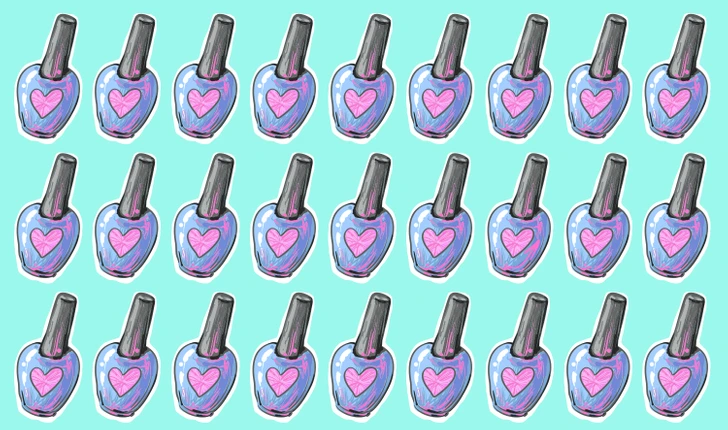 Encontre o esmalte diferente entre vários esmaltes. Teste visual com desenhos de vidros de esmalte em formato de coração, sobre um fundo azul-turquesa.
