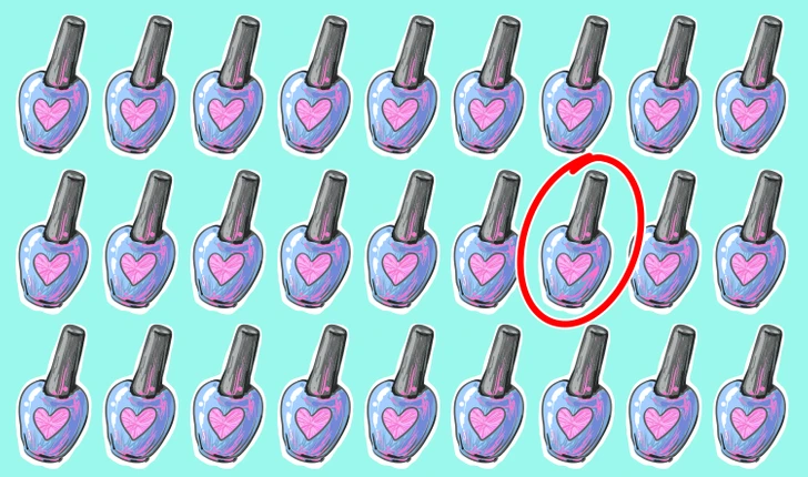 Encontre o esmalte diferente entre vários esmaltes em formato de coração sobre um fundo azul-turquesa.Encontre o esmalte diferente entre vários esmaltes em formato de coração sobre um fundo azul-turquesa. Teste visual com desenhos de vidros de esmalte em formato de coração, sobre um fundo azul-turquesa.