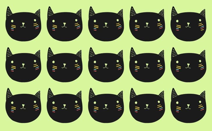 Ache o gato fora do padrão entre vários gatos pretos com bigodes coloridos. Teste visual com desenho repetido de cabeças de gatos pretos com orelhas pontudas e bigodes coloridos em fundo verde