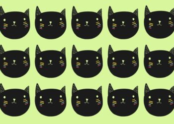 Teste visual com desenho repetido de cabeças de gatos pretos com orelhas pontudas e bigodes coloridos em fundo verde