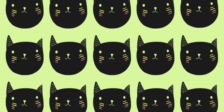 Teste visual com desenho repetido de cabeças de gatos pretos com orelhas pontudas e bigodes coloridos em fundo verde