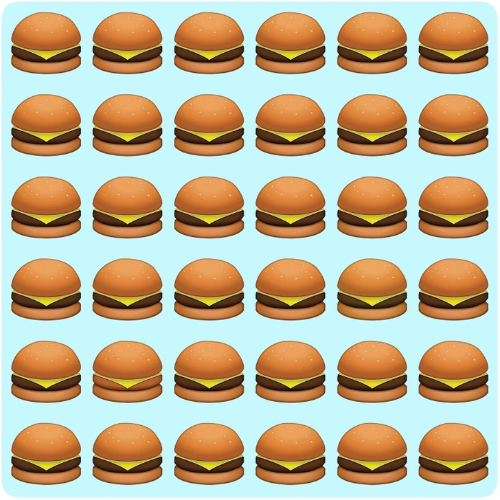Descubra qual é o hambúrguer fora do padrão. Teste visual com uma sequência de emojis de hambúrguer com queijo alinhados sobre fundo azul