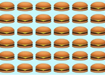 Teste visual com uma sequência de emojis de hambúrguer com queijo alinhados sobre fundo azul