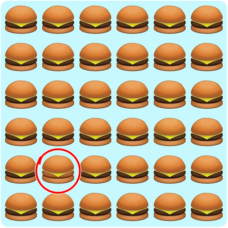 Hambúrgueres ilustrados em um padrão repetido Teste visual com uma sequência de emojis de hambúrguer com queijo alinhados sobre fundo azul