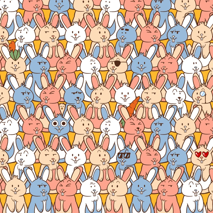 Ache o ovo escondido entre os coelhos de cores diversas e expressões divertidas. Teste visual com desenho de muitos coelhos coloridos reunidos