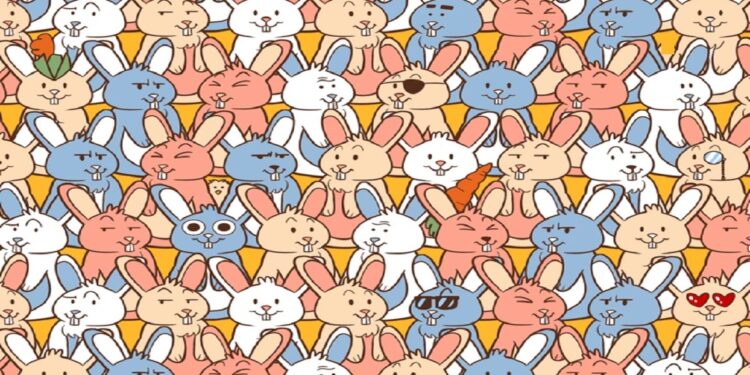 Teste visual com desenho de muitos coelhos coloridos reunidos