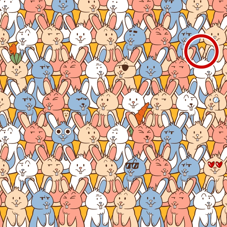 Ache o ovo escondido entre os coelhos coloridos Teste visual com desenho de muitos coelhos coloridos reunidos