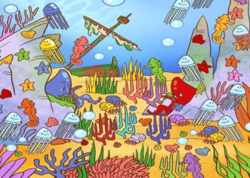 Teste visual com uma ilustração do fundo do mar com diversos animais marinhos, coloridos e um barco naufragado ao fundo.