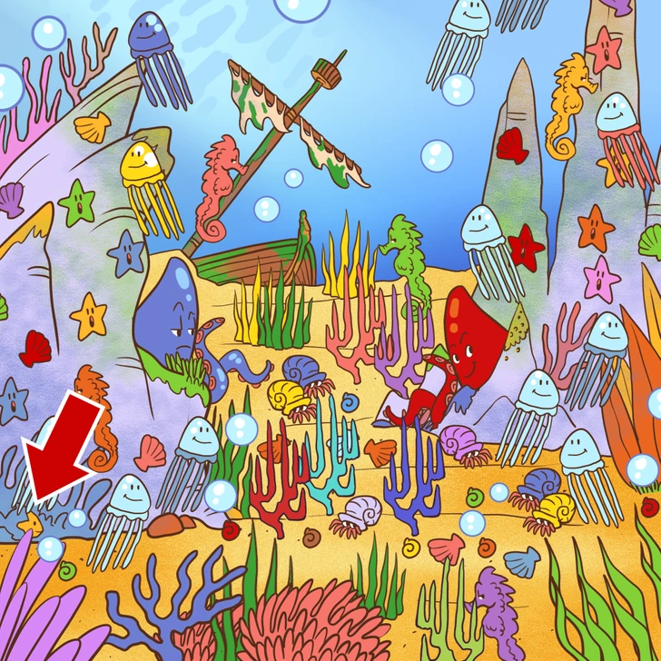 Ache o peixe camuflado nesta imagem da vida marinha colorida Teste visual com uma ilustração do fundo do mar com diversos animais marinhos, coloridos e um barco naufragado ao fundo.