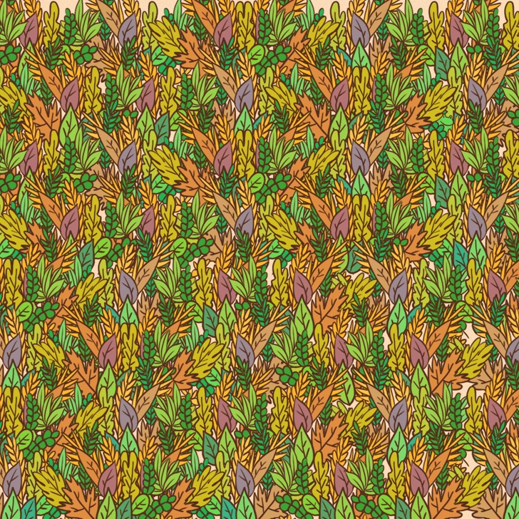 Encontre o sapo escondido nesta ilustração com folhas de diversas cores. Teste visual com um padrão de folhas outonais coloridas desenhadas à mão e repetidas em estilo natural