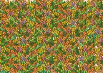 Teste visual com um padrão de folhas outonais coloridas desenhadas à mão e repetidas em estilo natural