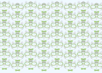 Teste visual com um padrão de várias faces de gatos brancos com óculos verdes, laços verdes e um urso escondido com chapéu verde