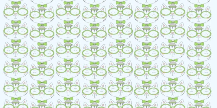 Teste visual com um padrão de várias faces de gatos brancos com óculos verdes, laços verdes e um urso escondido com chapéu verde