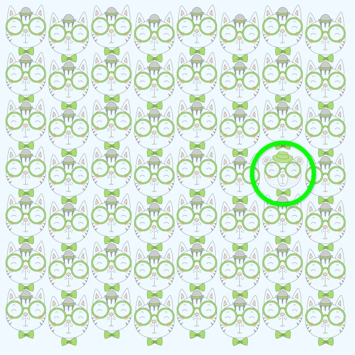 Encontre o urso escondido no padrão de gatos verdes Teste visual com um padrão de várias faces de gatos brancos com óculos verdes, laços verdes e um urso escondido com chapéu verde