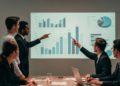 Grupo de pessoas em reunião analisa gráficos financeiros projetados na parede