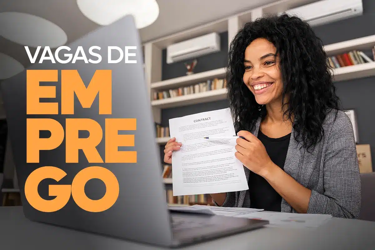Vagas de emprego na Gol e no Bradesco Imagem mostrando uma pessoa feliz, segurando um contrato e sorrindo, com o texto 'Vagas de Emprego' em destaque.