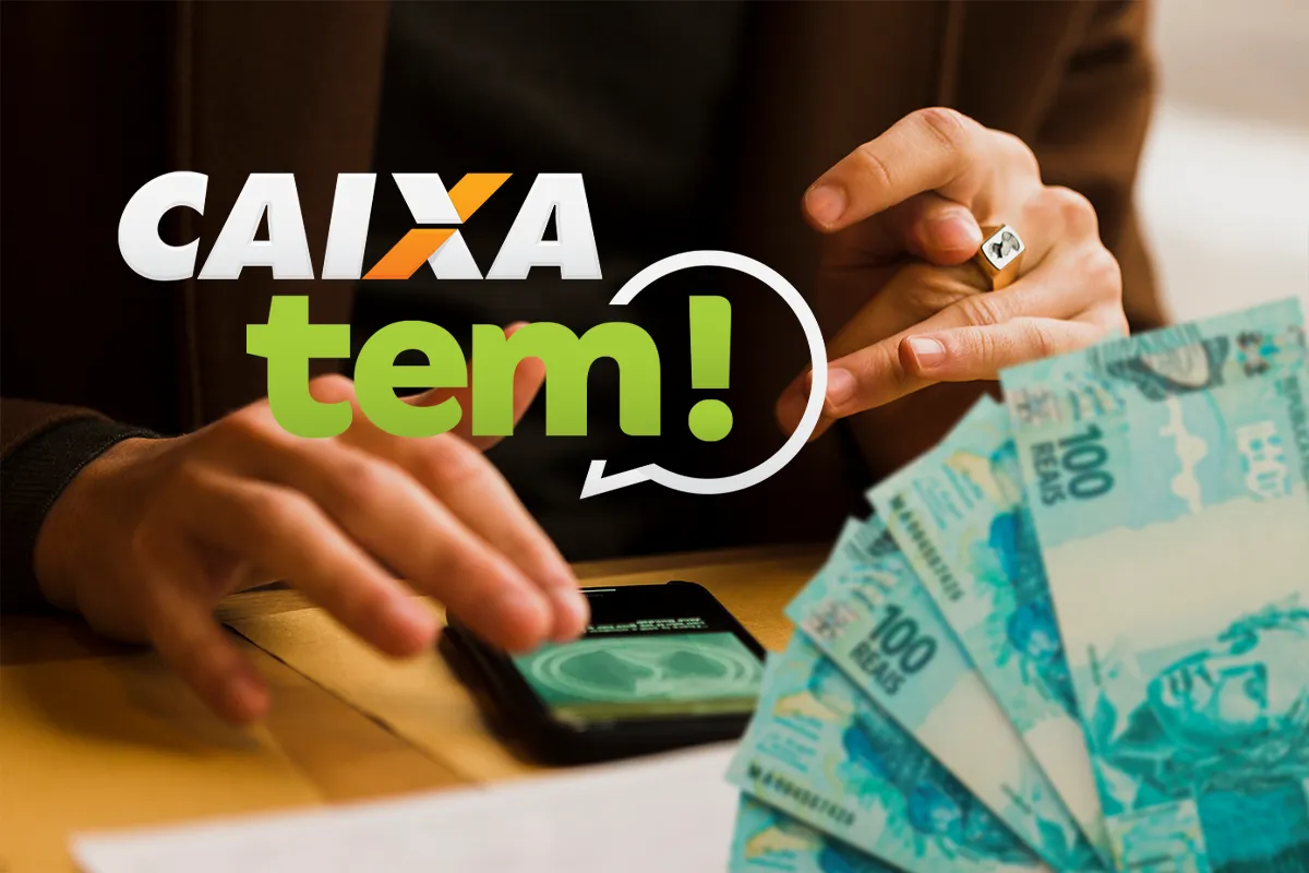 Como funciona o depósito de R$ 1.200 no Caixa Tem Imagem mostrando o aplicativo Caixa Tem sendo acessado por uma pessoa, com cédulas de R$ 100 ao fundo.