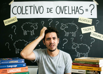 Homem segura a cabeça com expressão confusa em frente a quadro-negro, rodeado de livros e desenhos de ovelhas.