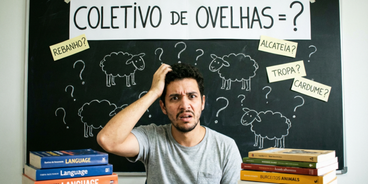 Homem segura a cabeça com expressão confusa em frente a quadro-negro, rodeado de livros e desenhos de ovelhas.