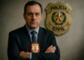 Delegado da Polícia Civil com distintivo, representando a carreira de delegado.