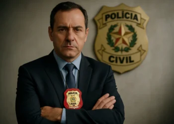 Delegado da Polícia Civil com distintivo, representando a carreira de delegado.