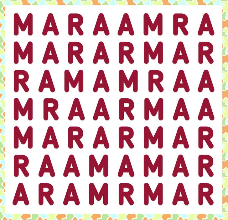 Será que você consegue achar a palavra “Amar” neste desafio visual viral? Letras vermelhas formando palavras embaralhadas em matriz, com destaque para o desafio de encontrar “Amar”