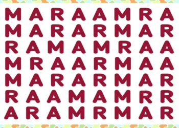 Letras vermelhas formando palavras embaralhadas em matriz, com destaque para o desafio de encontrar “Amar”