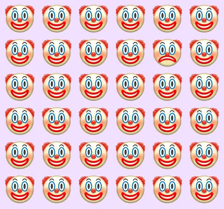 Quem consegue achar o palhaço triste na multidão de sorrisos? Desafio visual com diversos rostos de palhaço feliz e um palhaço triste camuflado na imagem