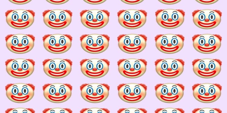 Desafio visual com diversos rostos de palhaço feliz e um palhaço triste camuflado na imagem
