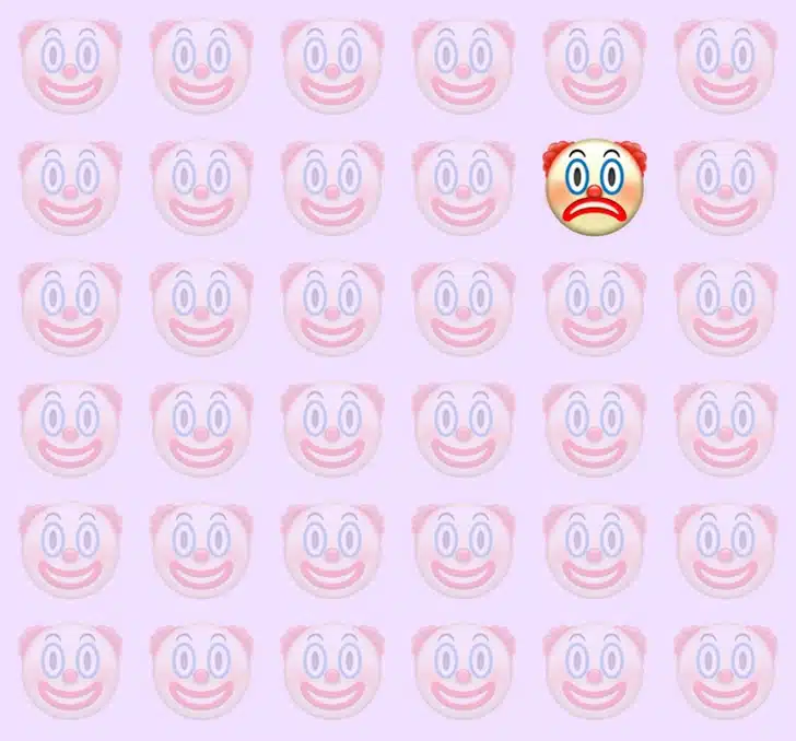 Desafio visual 2026 com palhaços felizes e um intruso triste entre eles Desafio visual com diversos rostos de palhaço feliz e um palhaço triste camuflado na imagem