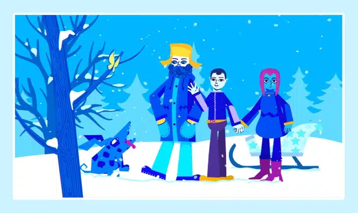 Você consegue notar o erro nesta cena de inverno? Apenas 1 em 10 pessoas acertam esse desafio visual intrigante, teste sua percepção agora! Família de três pessoas com cachorro azul em bosque nevado, detalhe colorido chama atenção