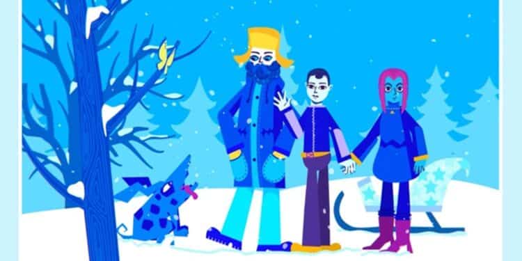 Desafio visual: Família de três pessoas com cachorro azul em bosque nevado, detalhe colorido chama atenção