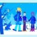 Desafio visual: Família de três pessoas com cachorro azul em bosque nevado, detalhe colorido chama atenção