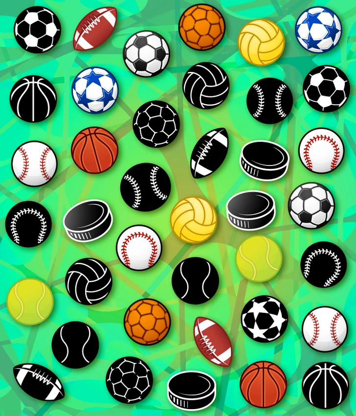 Você consegue encontrar qual bola é única nesta imagem? Desafio visual com várias bolas de esportes diferentes exibidas juntas sobre fundo verde, criando desafio para achar a única diferente