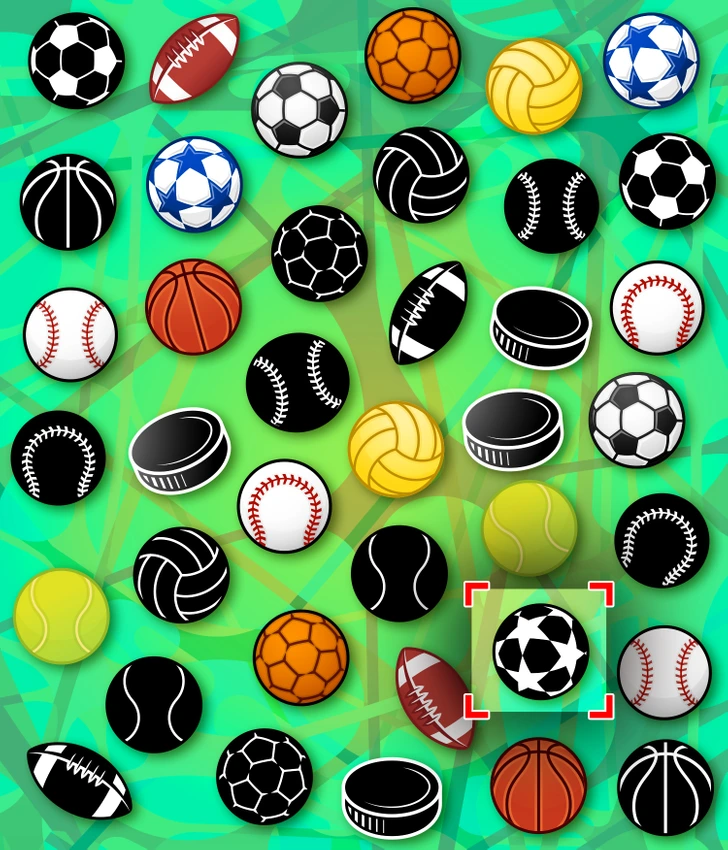 Diversas bolas esportivas em desafio visual interativo 2026 Desafio visual com várias bolas de esportes diferentes exibidas juntas sobre fundo verde, criando desafio para achar a única diferente.