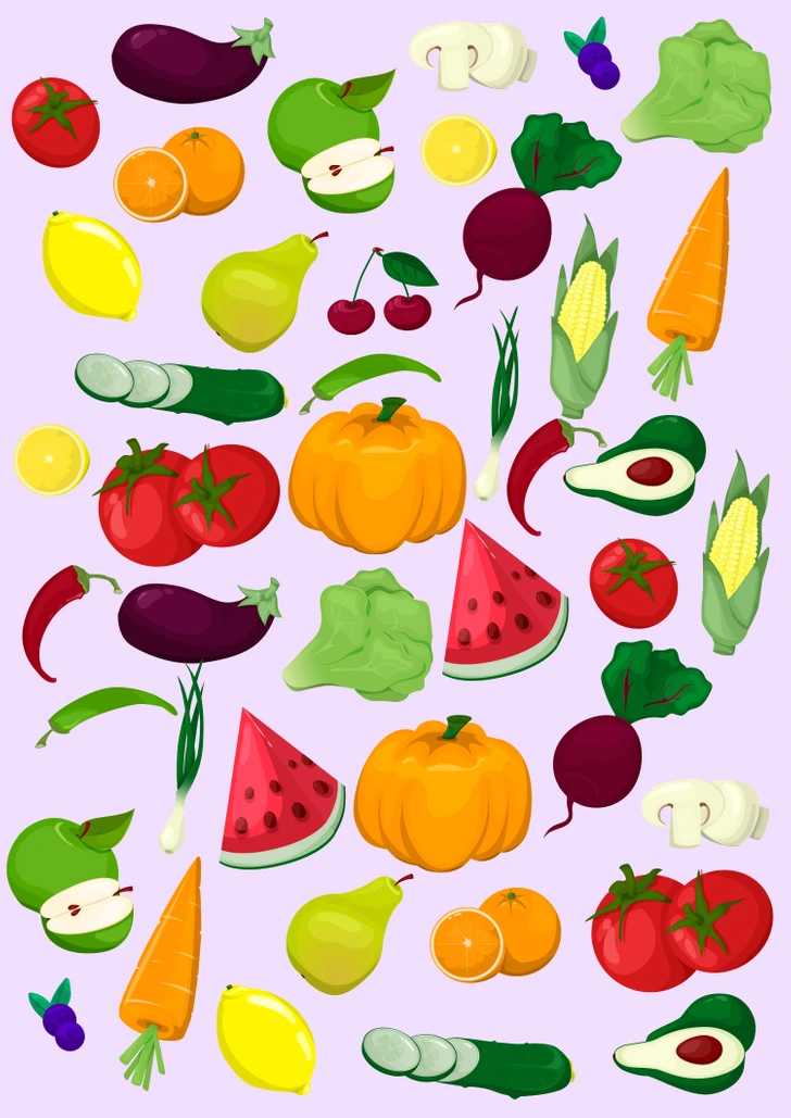 No desafio de atenção, apenas uma fruta aparece sozinha entre várias frutas e legumes. Desafio de atenção com diversas frutas e vegetais organizados aleatoriamente com uma fruta sem par