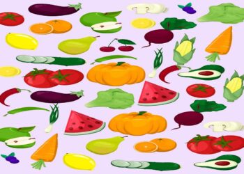 Desafio de atenção com diversas frutas e vegetais organizados aleatoriamente com uma fruta sem par