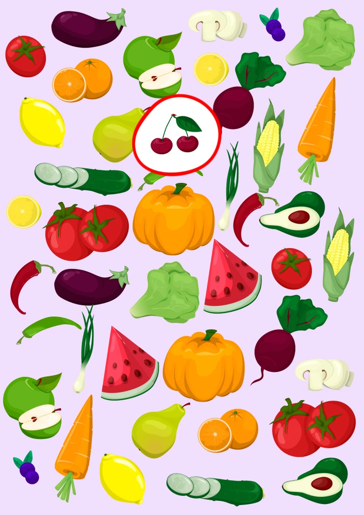 Frutas e legumes coloridos em destaque no desafio da fruta sozinha Desafio de atenção com diversas frutas e vegetais organizados aleatoriamente com uma fruta sem par