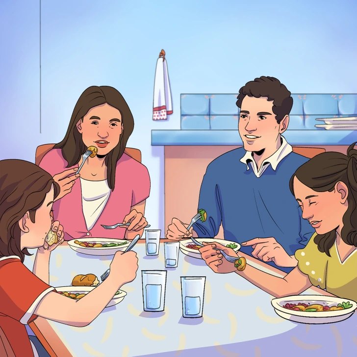 Teste sua atenção com este desafio viral no almoço em família! Desafio viral com uma família sorridente almoçando junta enquanto