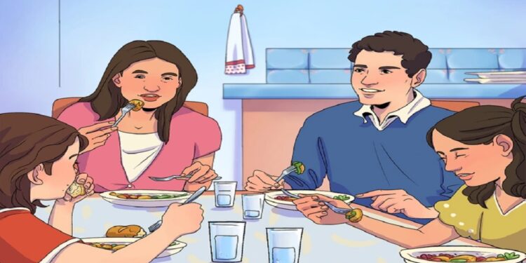 Desafio viral com uma família sorridente almoçando junta enquanto