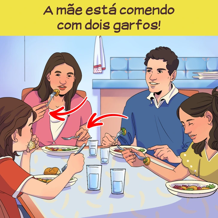 Encontre o erro no almoço de família - desafio viral Desafio viral com uma família sorridente almoçando junta enquanto