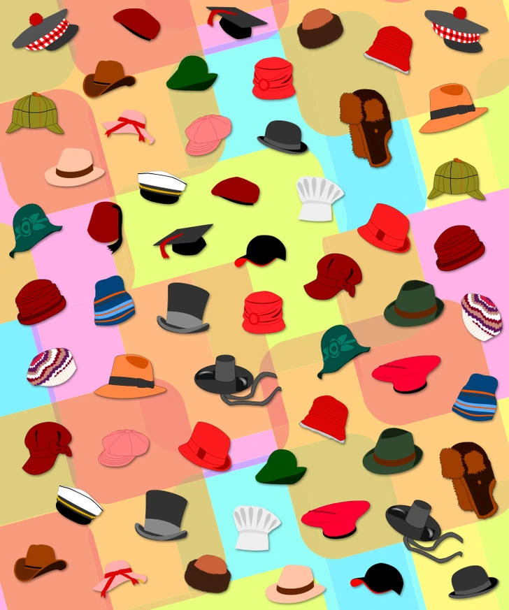 Entre dezenas de estilos, apenas um chapéu não se repete: descubra qual! Desafio visual com diversos chapéus de modelos e cores variadas distribuídos em padrão sobre fundo colorido