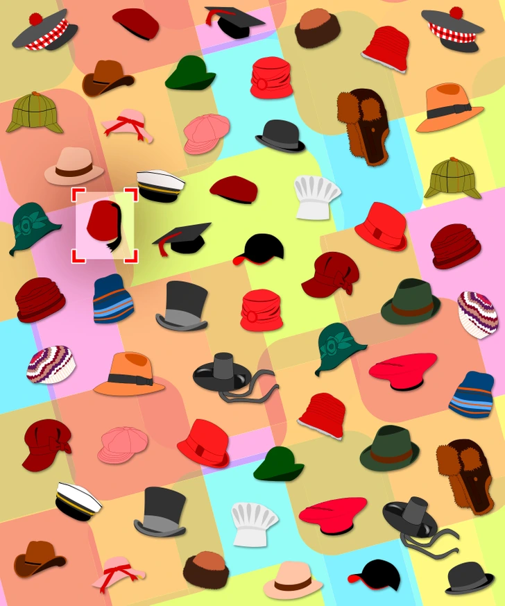 Ache o chapéu único entre chapéus coloridos. Desafio visual com diversos chapéus de modelos e cores variadas distribuídos em padrão sobre fundo colorido