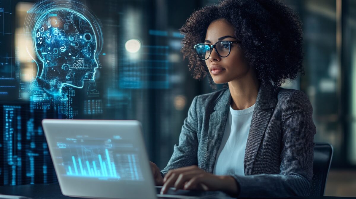 Expansão da IA no mercado de trabalho em 2026. Profissional trabalhando em um laptop com gráficos de inteligência artificial sendo projetados na tela, representando o impacto da IA no mercado de trabalho em 2026.