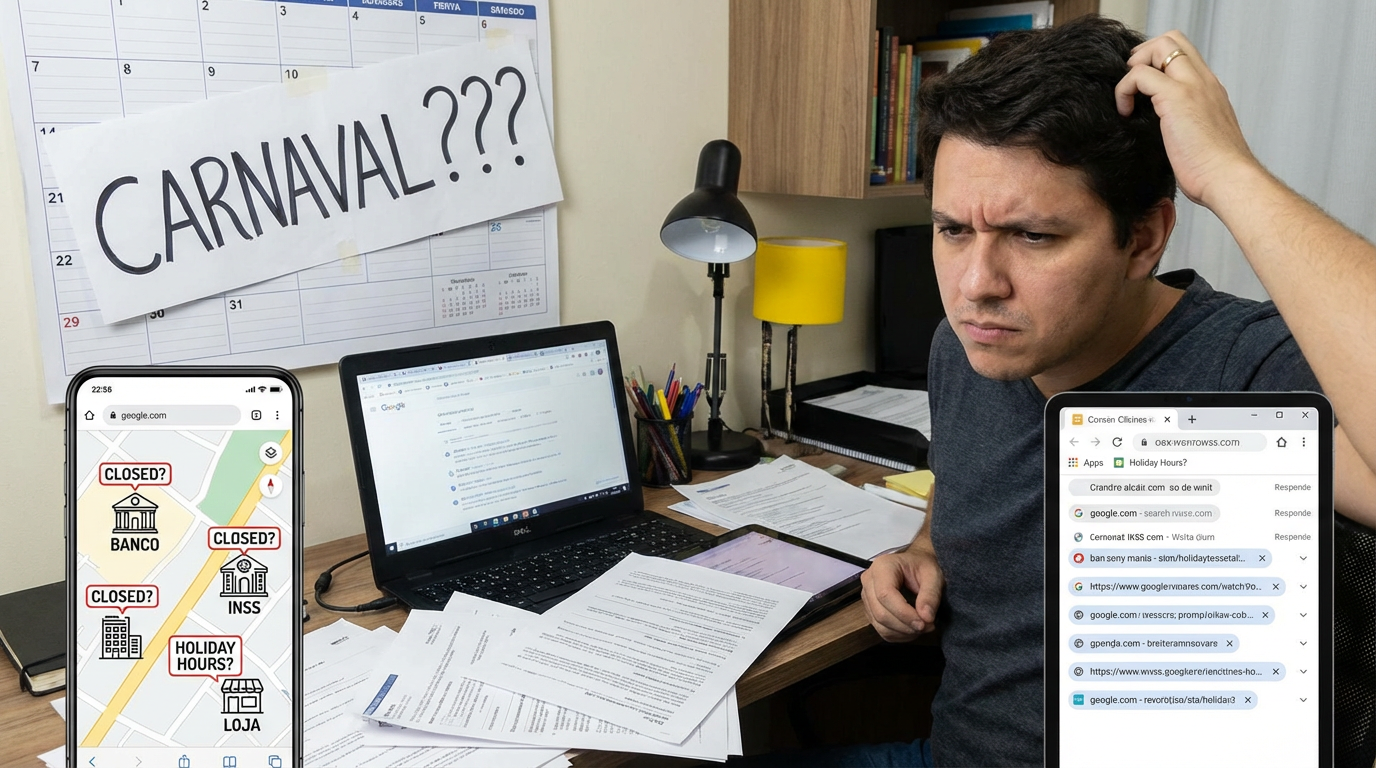Funcionamento dos bancos, INSS e comércio no carnaval. Homem confuso verifica computador cercado por papéis, celular e calendário com faixa “Carnaval???”