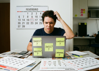 Homem sentado em frente ao notebook, rodeado por calendários e bilhetes com dúvidas sobre feriado.