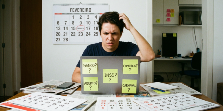 Homem sentado em frente ao notebook, rodeado por calendários e bilhetes com dúvidas sobre feriado.