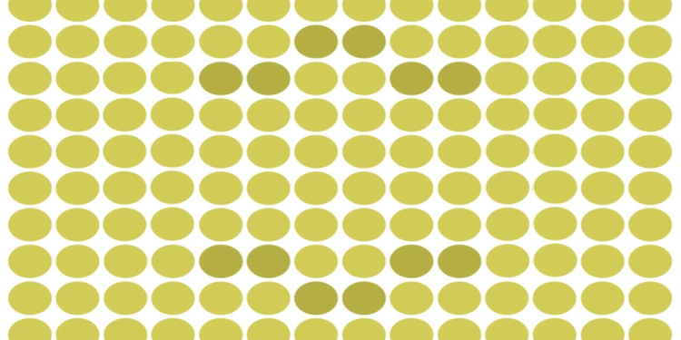 Ilusão de ótica com vários círculos amarelos organizados formando um padrão com oval escuro escondido no centro